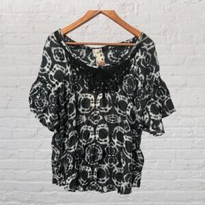 Da-Nang‎ Women's Blouse Black White Tie Dye Crochet Embroidered Top Medium NWT